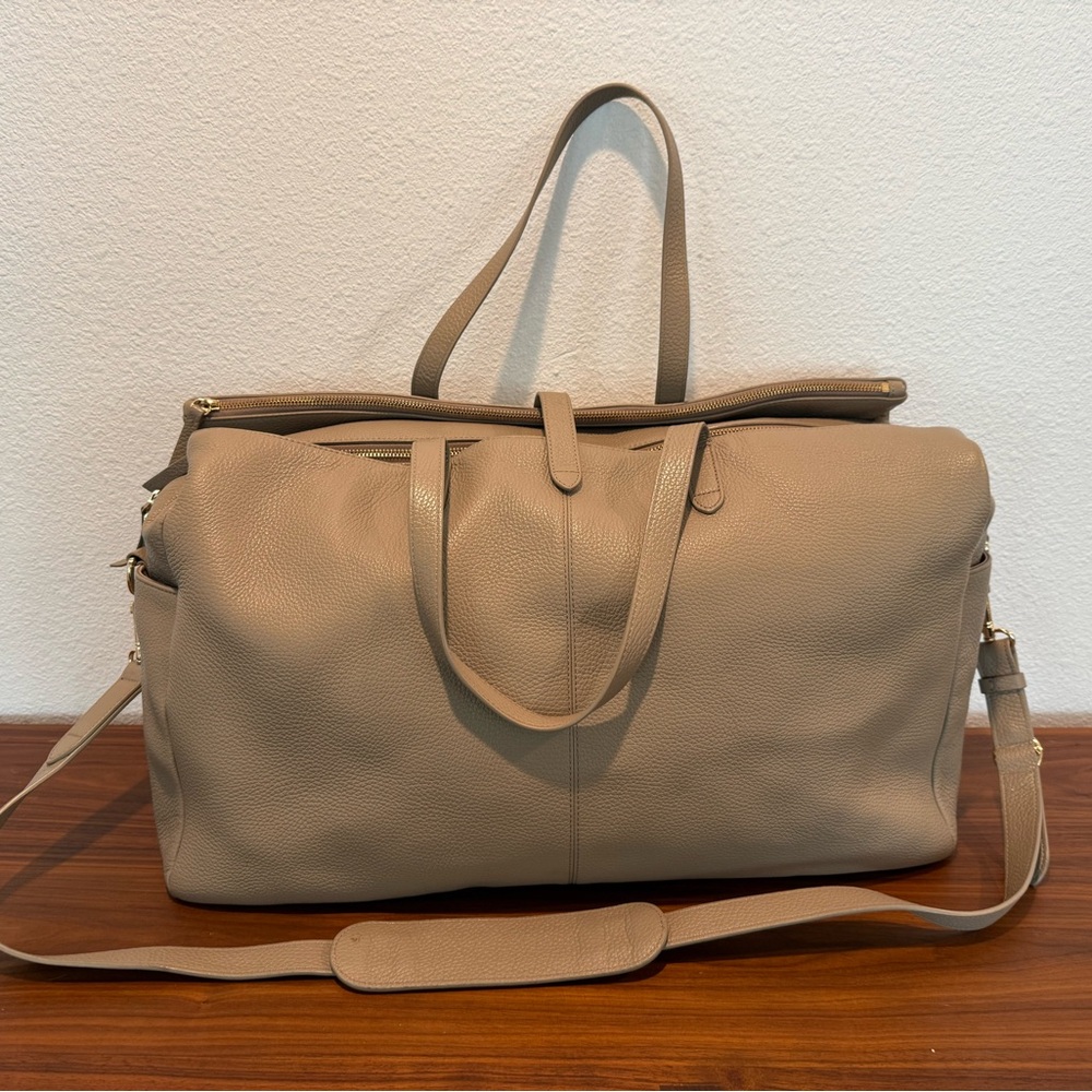 Cuyana Leather Triple Zipper Weekender in Stone Pebbled Leather